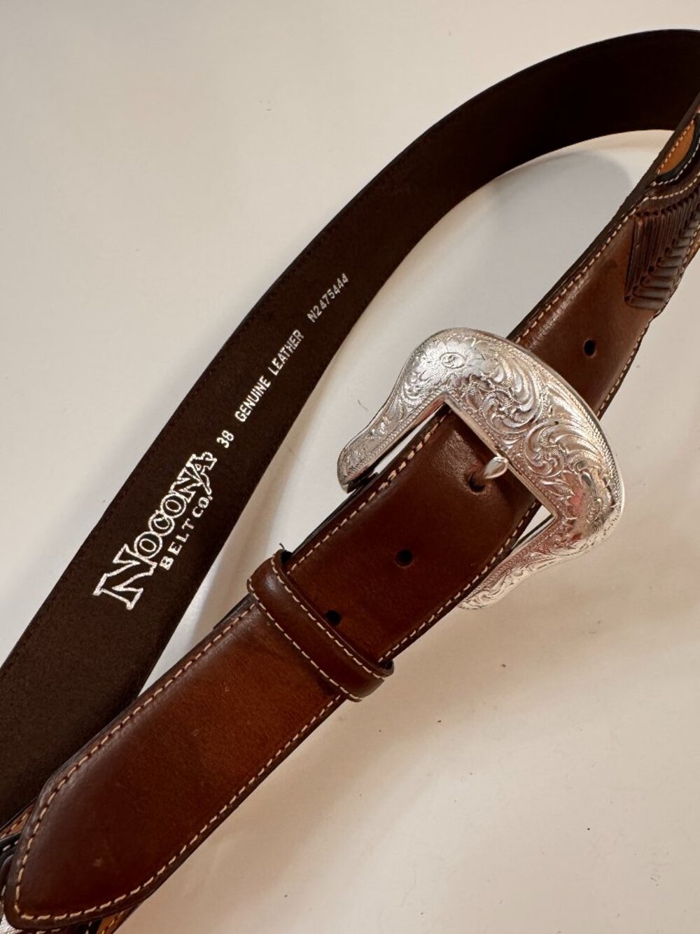 Nocona Belt Co. Brown Leather Western Belt  Overlay Silver Buckle Size 38